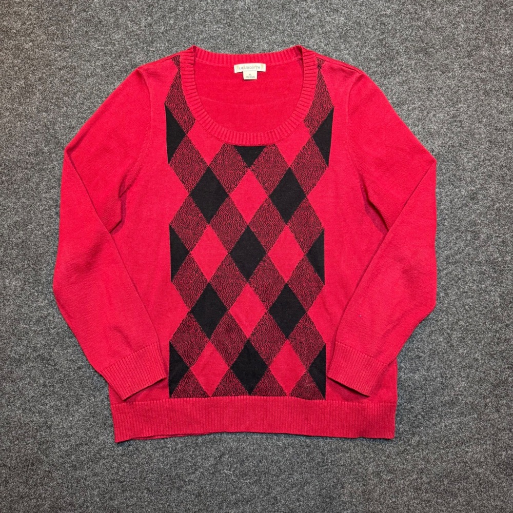 Liz Claiborne Red Black Argyle Cotton Scoop Neck Sweater XL